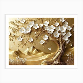 3d Golden Tree with White Flowers 3 Art Print