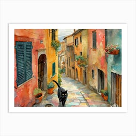 Black Cat In Sassari, Italy, Street Art Watercolour Painting 2 Art Print