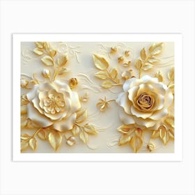 3d Paper Roses with Golden Leaves and Elegant Floral Pattern Art Print