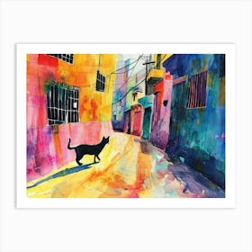 Beirut, Lebanon   Black Cat In Street Art Watercolour Painting 1 Art Print