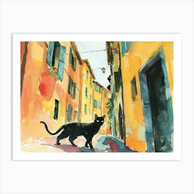 Black Cat In Verona, Italy, Street Art Watercolour Painting 1 Art Print