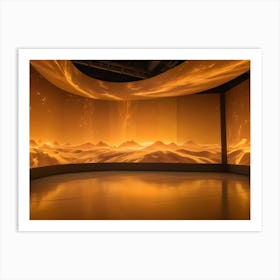 An Empty Room With A Large, Curved Screen Displaying A Golden Landscape With Mountains, Stars, And A Glowing Light Source Art Print