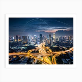 Aerial View Of Bangkok At Night Showcasing The Metropolitan District Interwoven With A Complex Tele (4) Art Print