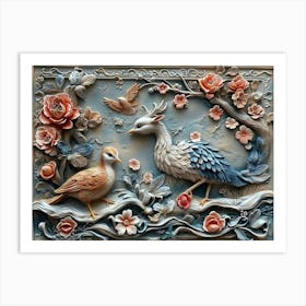 3d Relief with Playful Woodland Creatures and Fantasy Elements Art Print