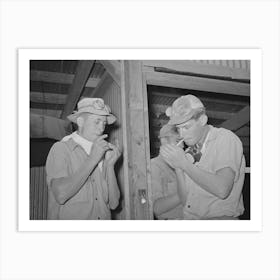 Workers On The Hay Gathering And Chopping Machine Taking Time Out For A Cigarette, The Goggles And Masks Are Art Print