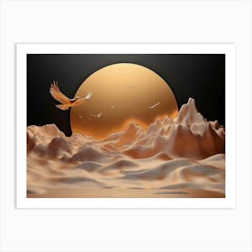 3d Classic with Golden Birds and Mountains in Brown and Black Colors Art Print