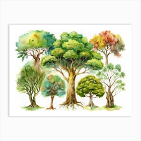 Watercolor Collection Of Various Trees Art Print