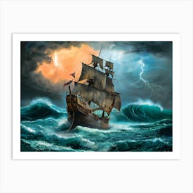 Galleon ship in stormy sea painting #3 Art Print