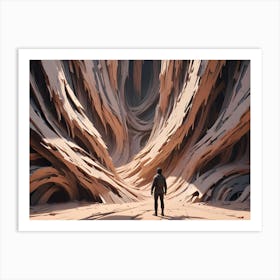 A Lone Figure With A Backpack Stands At The Entrance To A Massive, Surreal Canyon With Twisting, Layered Rock Formations Bathed In Warm Light Art Print