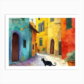 Black Cat In Sassari, Italy, Street Art Watercolour Painting 4 Art Print