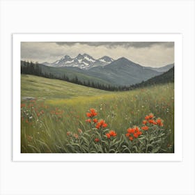 Vintage Oil Painting of indian Paintbrushes in a Meadow, Mountains in the Background 7 Art Print