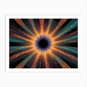 Abstract Design Featuring Vibrant Orange, Blue, And Teal Lines Radiating Outwards From A Central Black Circle On A Dark Background, Reminiscent Of Light Rays Or A Starburst Art Print