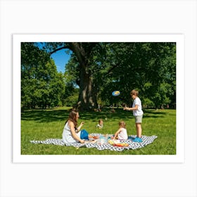 Family Of Four Enjoying A Day At The Park Scattered Picnic Items Children In Mid Laughter Chasing Affiche