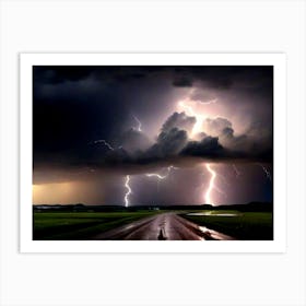 Lightning Over A Road Art Print