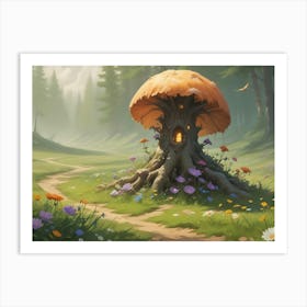 A Digital Art Illustration Of A Mushroom House In A Forest Clearing, Surrounded By Flowers And A Winding Path Art Print