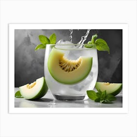 A Slice Of Cantaloupe In A Glass Of Water With Ice And Basil, With More Slices And Basil Surrounding It Art Print