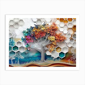 Colorful 3d Whimsical Tree On Oak, White Lattice and Vibrant Hexagonal Art Print