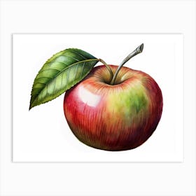 Watercolor Painting Of A Red Apple With A Green Leaf Art Print