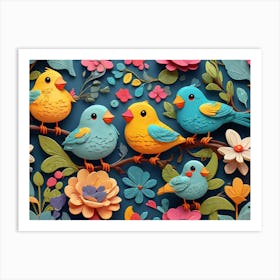 Default Seamless Cartoon Pattern Of Birds And Flowers In Brigh 0 Art Print