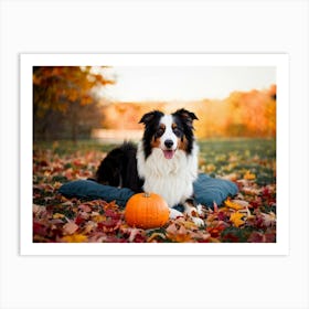 Autumnal Backdrop Transitioning Into Winter An American Border Collie Sits On A Bed Of Fallen Leave (2) Art Print