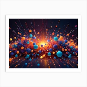 An Explosion Of Colorful Spheres And Glowing Particles Against A Dark Background, Representing Energy, Celebration, Or A Scientific Reaction Art Print