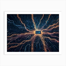 Abstract Image Of A Glowing, Blue Chip Inside A Network Of Orange Lines, Resembling A Computer Processor Or A Central Hub For Data Art Print