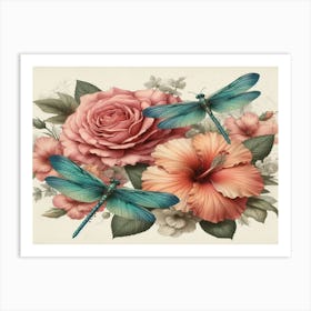 Dragonflies And Roses Art Print