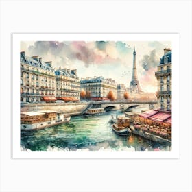 Parisian River Scene With Eiffel Tower Art Print