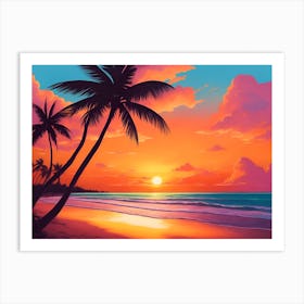 A Tranquil Beach At Sunset Horizontal Illustration 64 Art Print