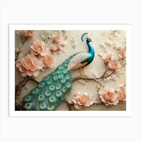 Colorful Peacock On Branch With 3d Floral Artwork Backdrop Art Print