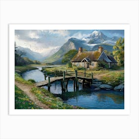 River Mountain with Cottage and Alps View #5 Art Print