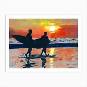 Surfing on the beach in the beautiful evening oil painting Art Print