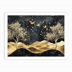 Three Gold Trees Landscape With Golden Birds, Trees and Gold Shapes Art Print