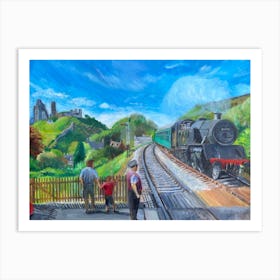 Steam train at Corfe castle Art Print