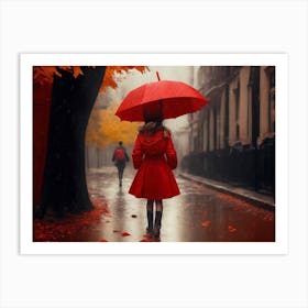 Girl With Red Umbrella In The Rain Art Print