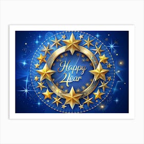 Happy New Year 2024 Design With Golden Stars On Blue Background Art Print