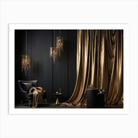 Curving Gold Drapery Cascades Down A Rich Brown Wall The Silken Material Emulating The Fluidity And (3) Art Print