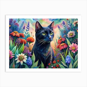 Black Cat Sitting In A Field Of Flowers Art Print