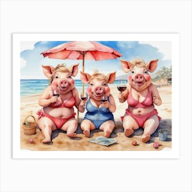 Three Piggy Sunbathers Enjoy Wine and Relaxation at the Beach During a Sunny Day Art Print