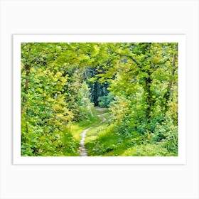 Enchanted Forest Path. A serene forest path surrounded by lush greenery, winding through tall trees and dense foliage, evoking a sense of peace and natural wonder. 1 Art Print