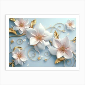 3d White And Pink Flowers With Golden Swirls And Leaves Art Print