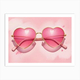 Pink Heart Shaped Sunglasses On A Pink Background With A Watercolor Effect Art Print