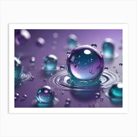 Colorful Water Droplets Form Spheres Of Various Sizes On A Reflective Purple Surface, Some Creating Ripples Art Print