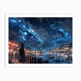 Blue Dragon At Night 2 Art Print