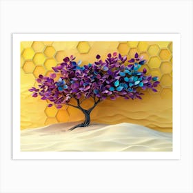 A Vibrant 3d Artwork of a Tree with Purple and Teal Leaves, Growing from Sand Poster