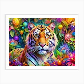 Vibrant Tiger In A Colorful Floral Garden Art Print