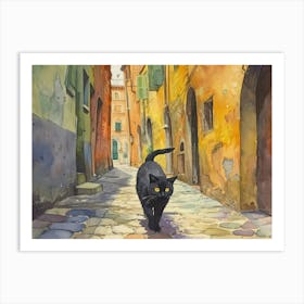 Black Cat In Ravenna, Italy, Street Art Watercolour Painting 2 Art Print