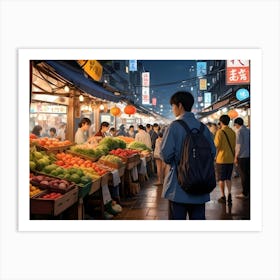 A Man Standing In The Middle Of A Crowded Night Market Art Print