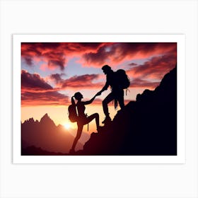 Silhouette Of A Couple Hiking At Sunset Art Print