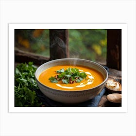 Autumn Pumpkin Curry Soup Steaming In An Earthenware Bowl Vibrant Orange Against Dark Green Lettuc (3) Art Print